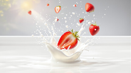 Fresh Red Strawberries Splashing into Creamy White Milk