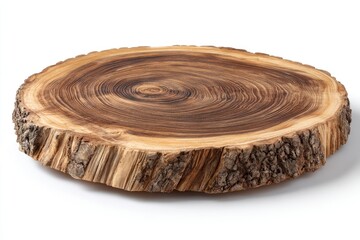 A rustic, round wood slice with bark edge, showing concentric growth rings; polished, smooth top surface