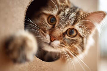 Curious cat peeking from cardboard box