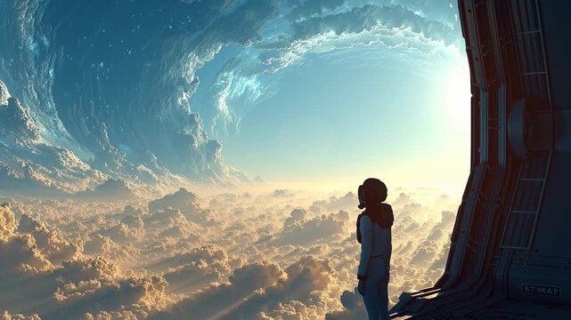 A person stands on a futuristic platform gazing at a mesmerizing cosmic scene of swirling clouds and vibrant colors in the sky during sunset
