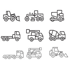 Construction vehicle line icon set vector