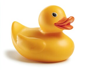 A cheerful yellow rubber ducky, smooth, glossy, and slightly angled to the right, casts a small shadow on a white background