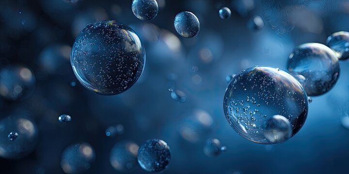 Abstract image of translucent, spherical droplets suspended in a dark blue, seemingly liquid environment.  They vary in size, creating a three-dimensional effect - Powered by Adobe
