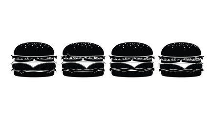 Four identical gourmet burgers arranged in a row with fresh ingredients clearly visible vector