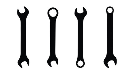 Collection of four black combination wrenches lined up against a clean white surface vector