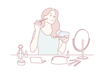 Beauty, skincare and makeup concept. Young pretty girl cartoon character sitting making makeup with brush looking at mirror vector illustration