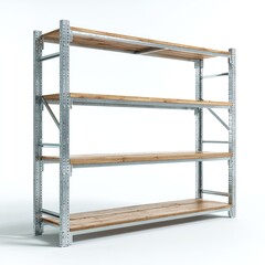Metal shelving unit with light brown wooden shelves