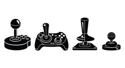 Set of four distinct retro and modern gaming joysticks and controllers symbolizing arcade and console gaming. vector