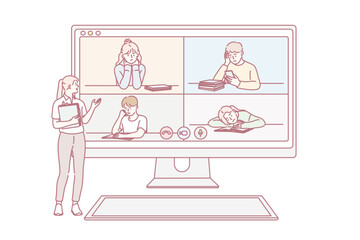 Online education and class concept. Young smiling woman teacher standing explaining lesson to tired children on laptop screens online vector illustration