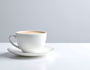A simple white coffee cup on a white saucer