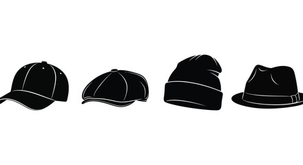 Four black caps and hats collection isolated on stylish headwear assortment vector
