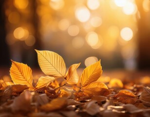 Close-up of golden autumn leaves on the ground with warm sunlight and soft bokeh background