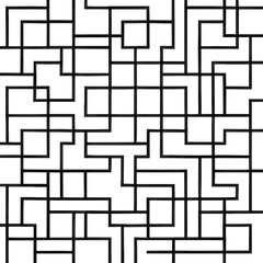 A minimalist vector pattern of a complex, interlocking grid of black lines and shapes. 