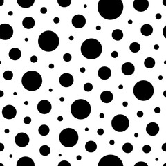 A simple and bold seamless vector pattern of irregular black polka dots on a white background
