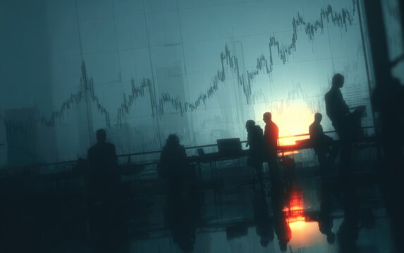 Silhouetted figures walk amidst financial charts, city lights, and a hazy sunrise - Powered by Adobe