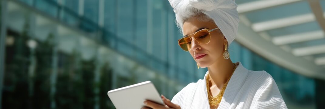 Caucasian mature female in sunglasses using tablet outdoors