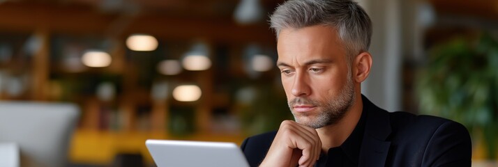 Caucasian mature male reading tablet in modern office setting