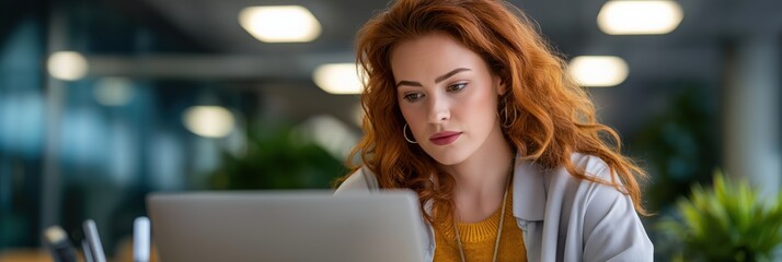 Focused woman working on laptop in modern office setting