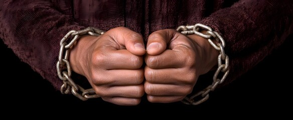 The symbolic portrayal of servitude with linked hands and old manacles