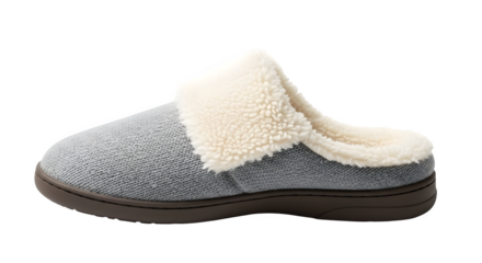 Comfortable gray slipper with soft lining isolated on transparent background, footwear