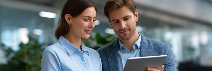 Young caucasian business professionals collaborating on a tablet in modern office