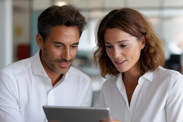 Caucasian male and female adults collaborating on tablet in office setting