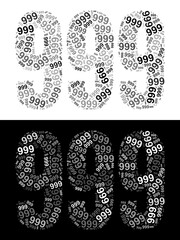 Typography illustration of 999 made from repeating numbers in black and white