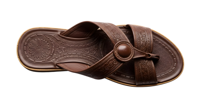 Traditional brown leather sandal isolated on transparent background, ethnic footwear