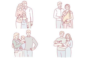 Happy families with children concept. Young smiling couples parents families standing with their children kids sons and daughters feeling happy together vector illustration