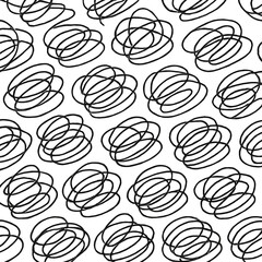 A seamless, hand-drawn vector pattern of black scribble ovals and circles. Ideal for quirky, artistic, or whimsical backgrounds.