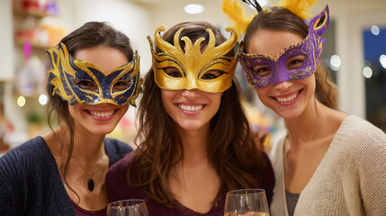 Obraz premium Friends celebrate with vibrant masks and drinks at a festive gathering indoors