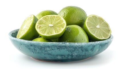 A blue bowl filled with whole and halved limes on a white surface in a studio setting