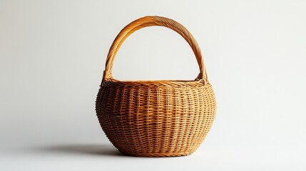 an empty handmade wicker basket against white wall