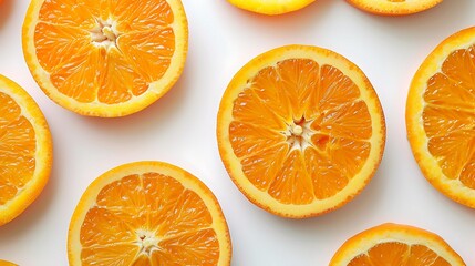 Fototapeta premium A top down view of several orange halves arranged on a white surface in a studio setting