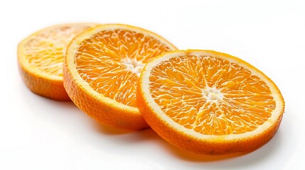 Fototapeta premium Three orange slices arranged in a row on a white surface showing the juicy pulp and textured peel detail