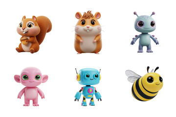 Cartoon Animals and Robot Characters Render on Transparent Background