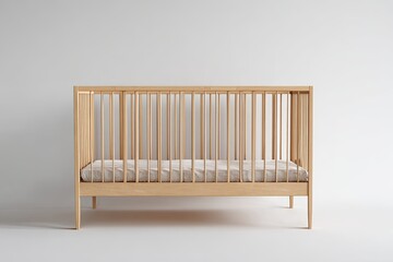 Light wooden crib against a white wall.  Empty, modern crib
