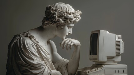 Rendered classical statue is seated and gazing intently at a vintage, boxy personal computer. This striking and surreal juxtaposition of ancient art and obsolete technology.