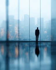 Businessman Silhouetted Against Cityscape Viewed Through Modern Office Window