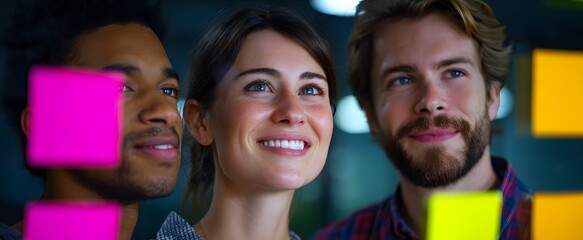 Obraz premium The dynamic team energetically brainstorming innovative ideas with vibrant colorful sticky notes on glass.