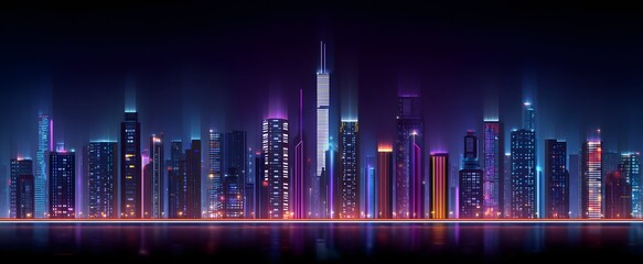 The futuristic city skyline glows like a digital jungle under neon lights at night