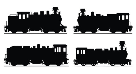 Fototapeta premium Collection of four silhouette steam train engines illustrating historical railroad transportation vector