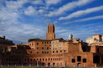 View of Trajan's Forum old ruins with medieval tower at the top in Rome