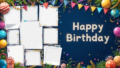 Happy birthday frame with photo placeholders, balloons, flags, and festive decorations