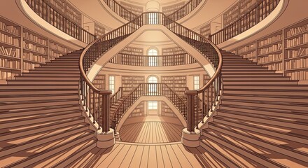 A grand, symmetrical double staircase in a vast, multi-level circular library filled with books.