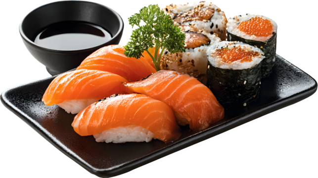 Salmon Sushi Platter, isolated on transparent background