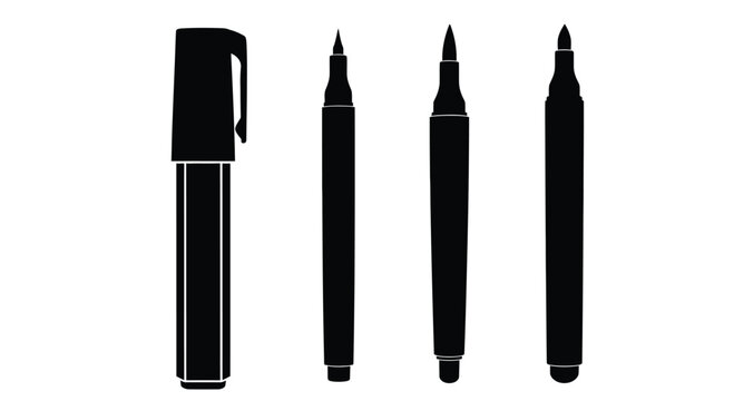 Set of four black markers with different tips for drawing and writing studio isolated vector