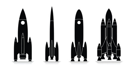 Four silhouette space rockets and spaceships ready for space exploration and sci-fi adventure vector