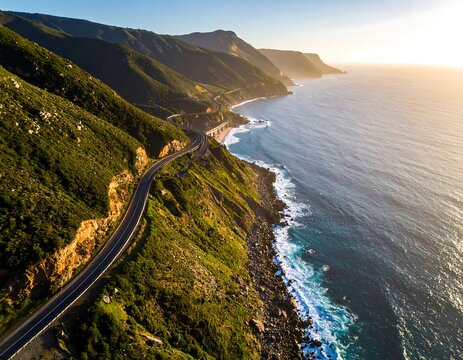 Scenic coastal highway at sunrise - Powered by Adobe