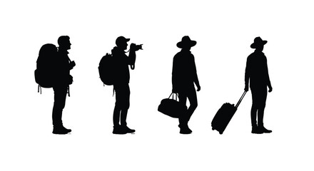 Silhouettes of diverse travelers with backpacks cameras and luggage embarking on a journey vector